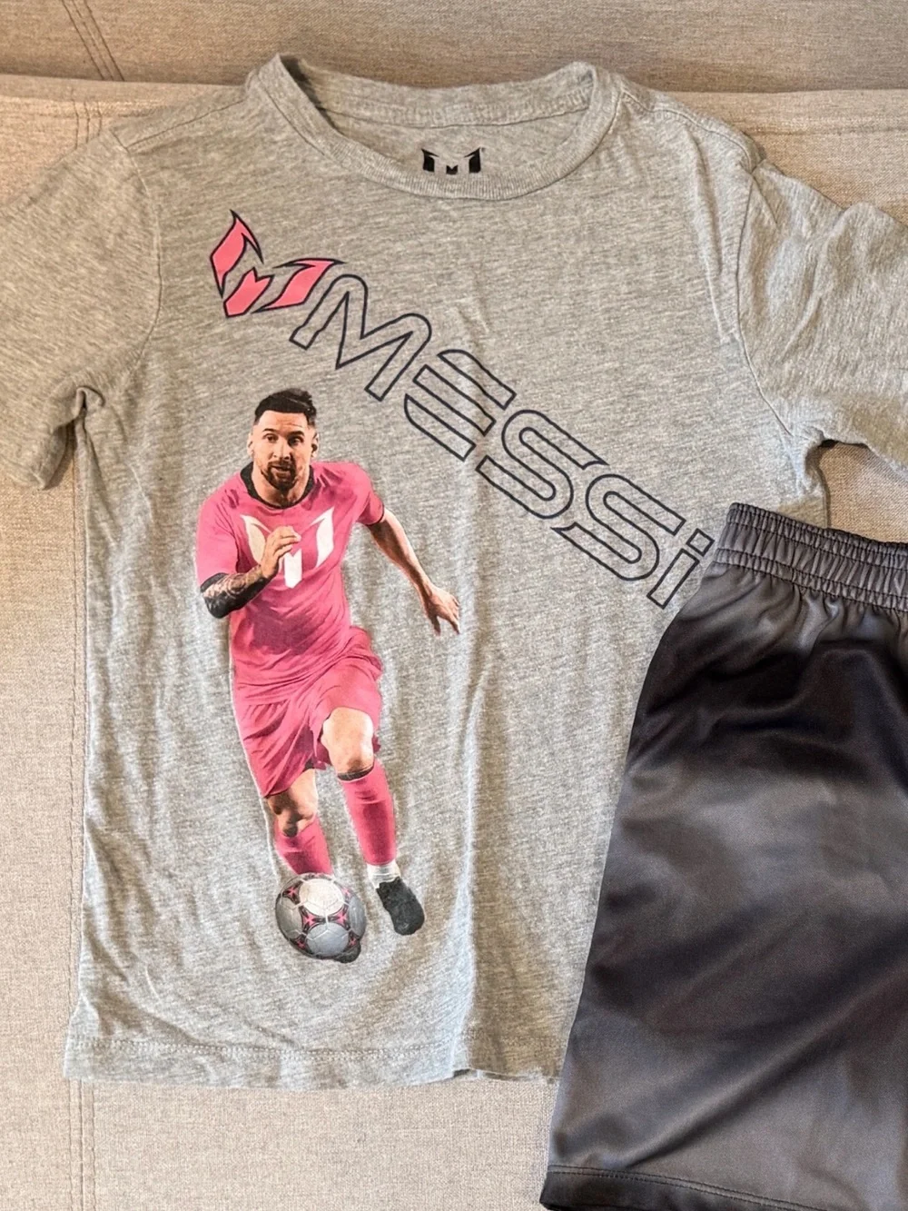 MESSI Set: Kids Matching Graphic Tee and Black Athletic Shorts, Size S